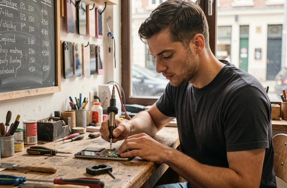 Réparateur indépendant Fox Repair concentré sur la réparation d'une carte mère de smartphone dans sa boutique à Compiègne