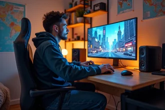 Jeune homme gamer dans une chambre moderne jouant à GTA V moddé
