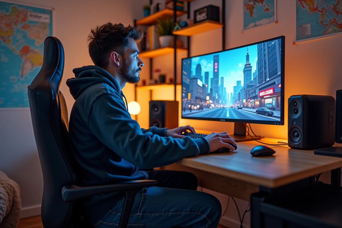Jeune homme gamer dans une chambre moderne jouant à GTA V moddé
