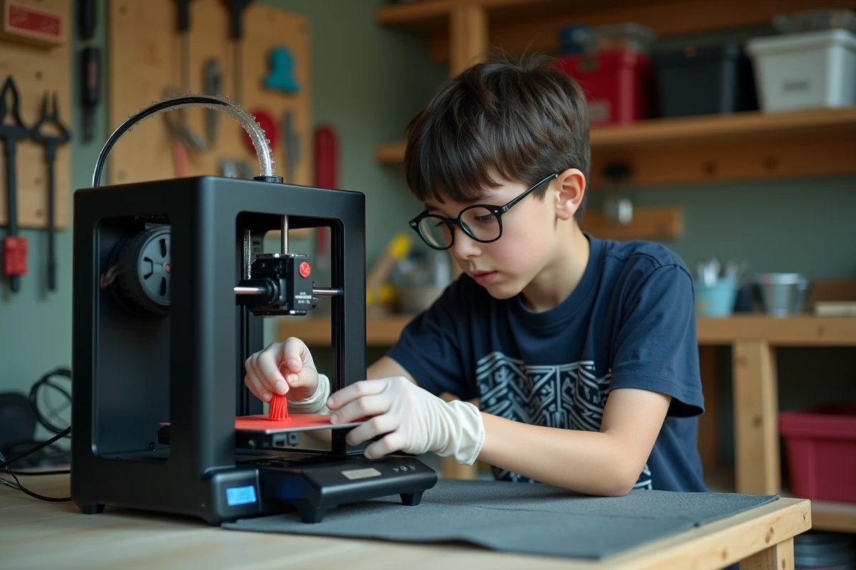 Jeune garçon retirant une pièce en résine d'une imprimante 3D dans un atelier de garage