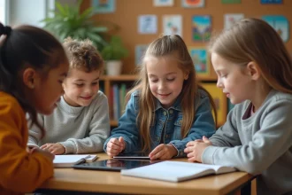 Enfants utilisant des tablettes pour apprendre le numérique