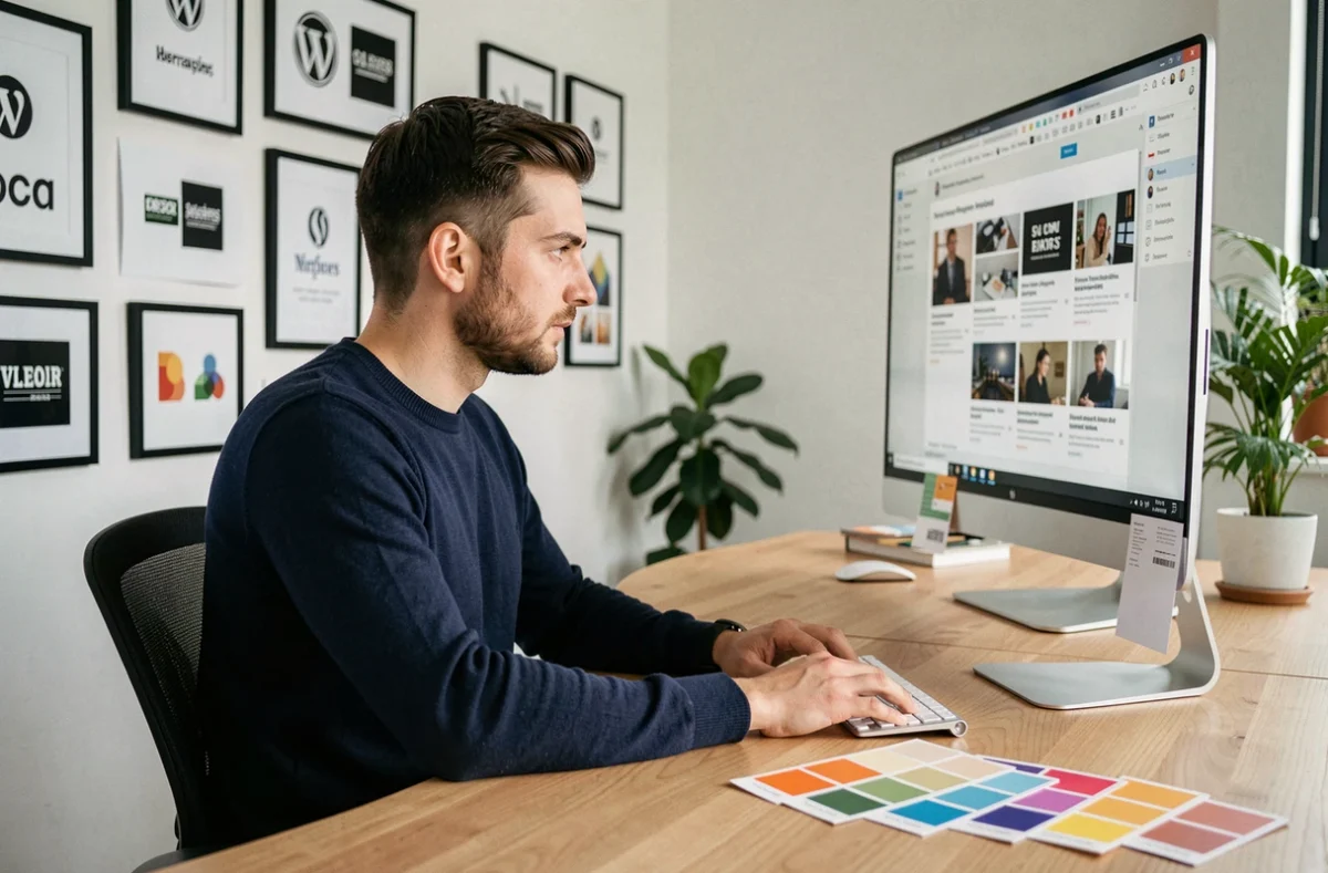 Designer de GM Creative dans son studio moderne, travaillant sur des maquettes WordPress affichées sur un grand écran