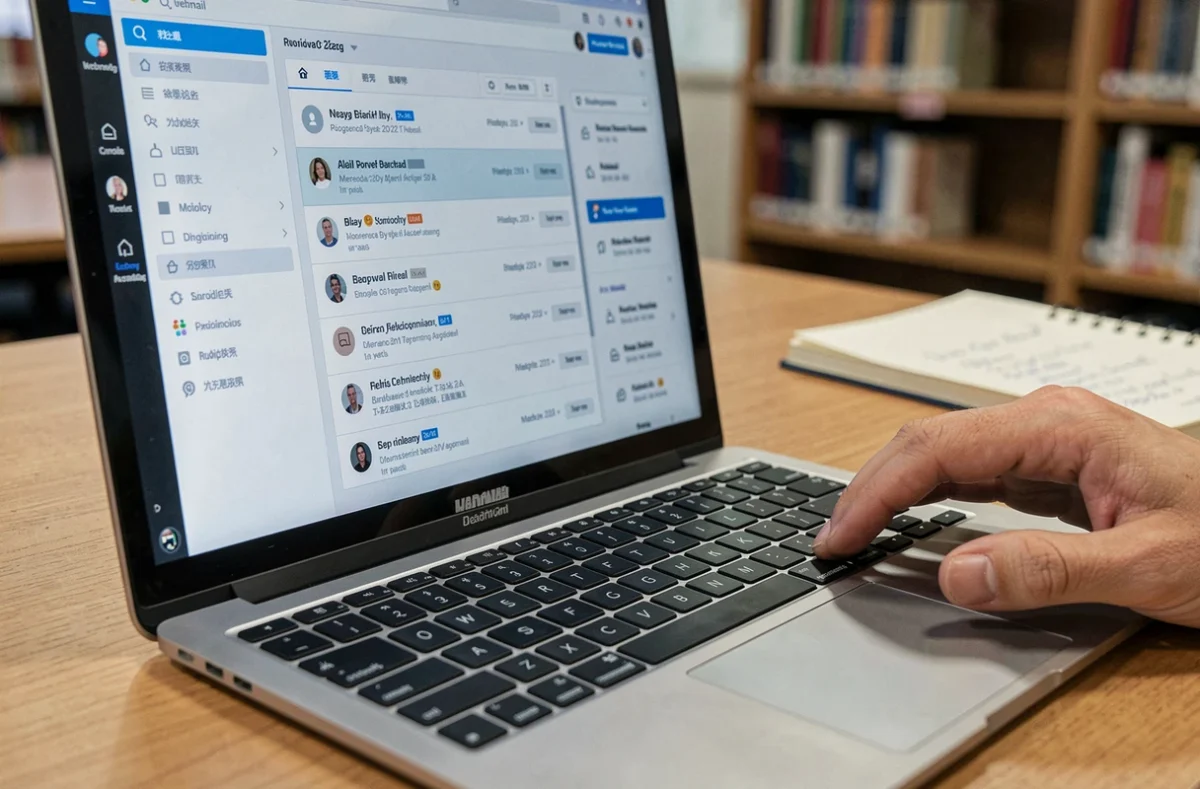 Gros plan sur un écran d'ordinateur affichant une interface webmail avec des dossiers de mails archivés