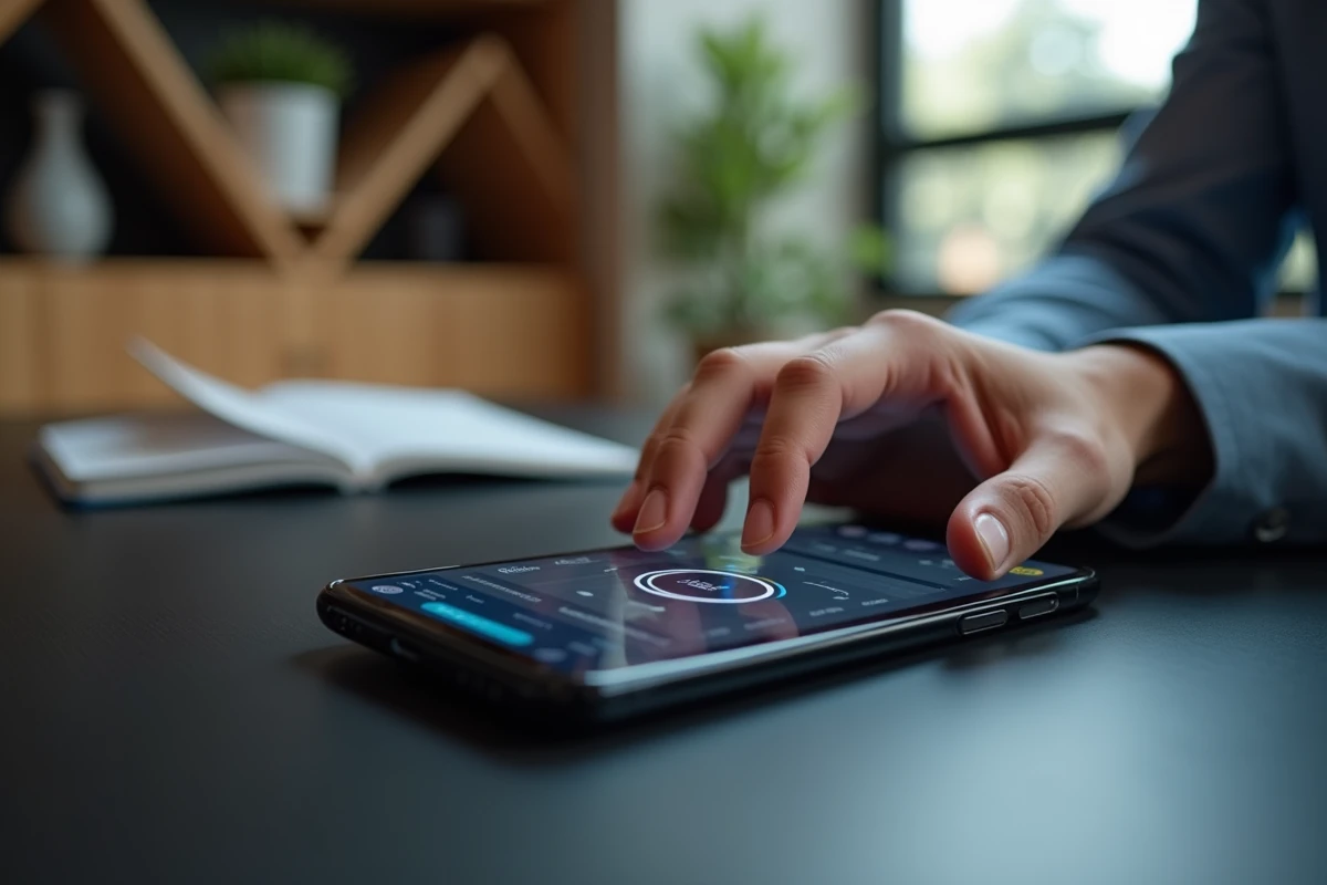 Gros plan d'un smartphone Ericsson professionnel posé sur un bureau en espace de coworking, détail design et interface métier