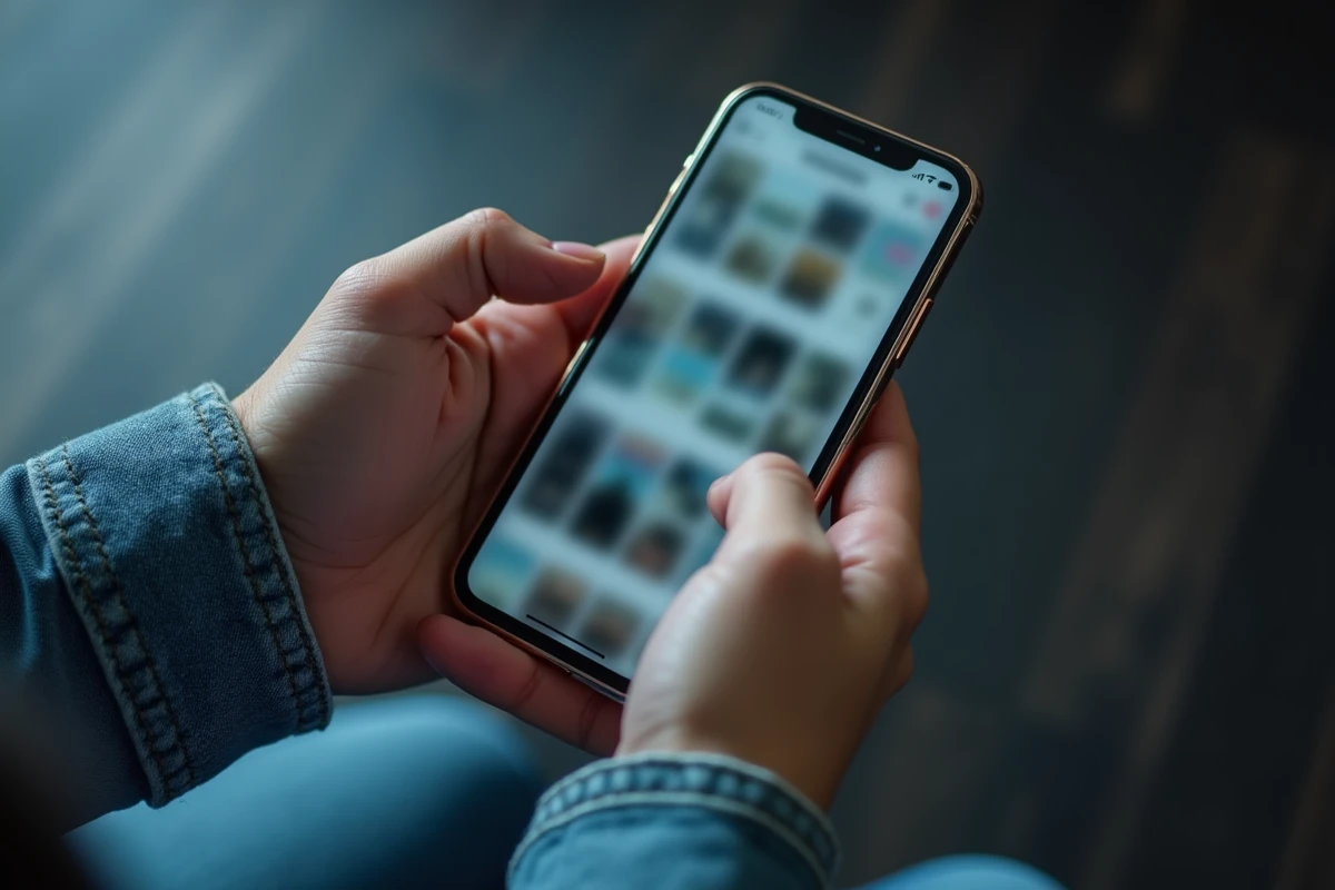 Gros plan de mains tenant un smartphone affichant une interface de viewer de stories anonymes, évoquant les questions de légalité et de vie privée autour de StoriesIG