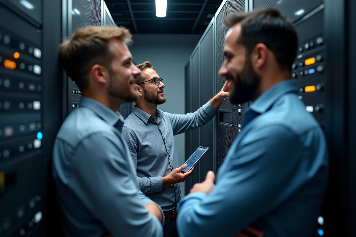 Groupe de professionnels IT dans une salle serveurs