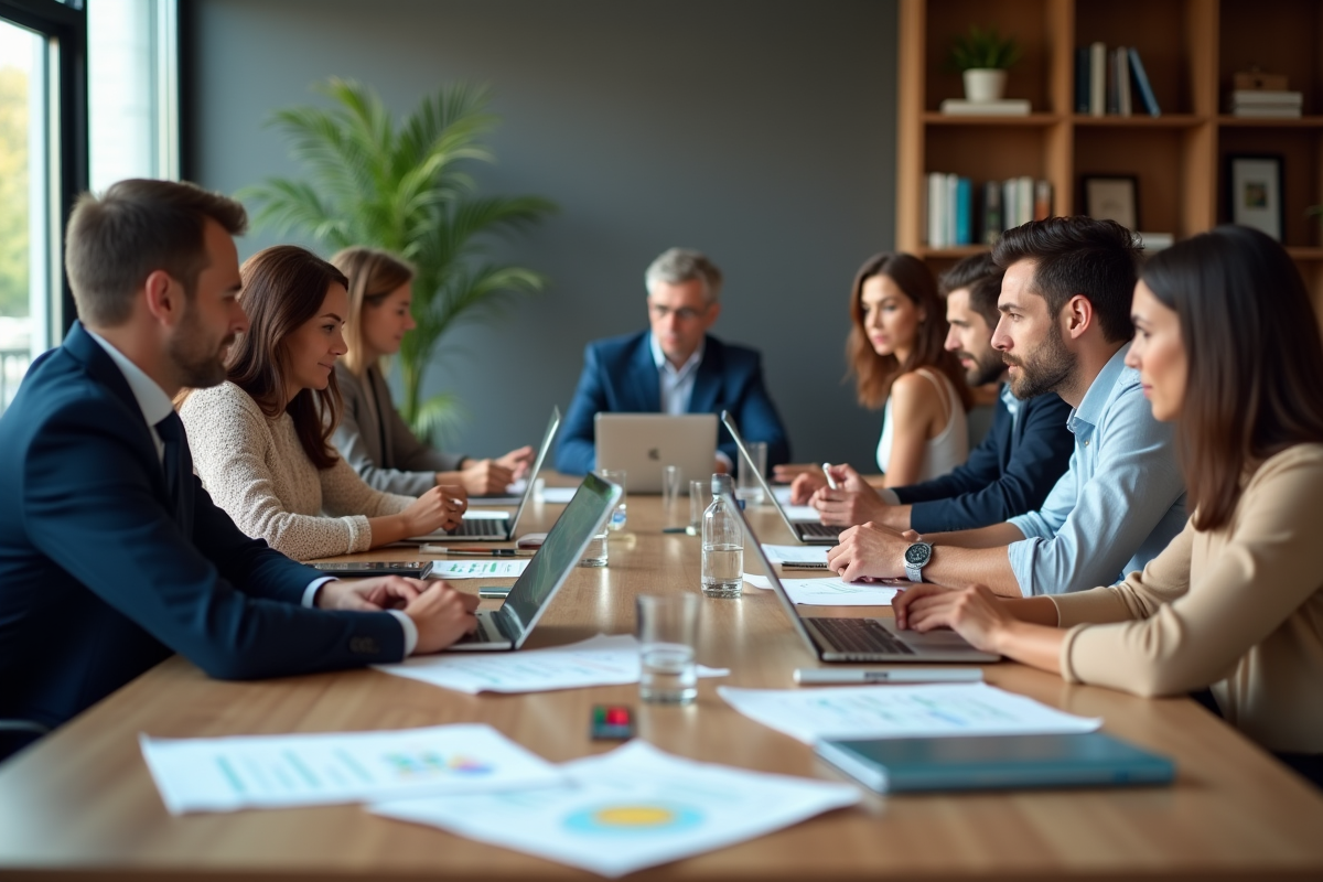 Groupe de professionnels en réunion dans un bureau moderne