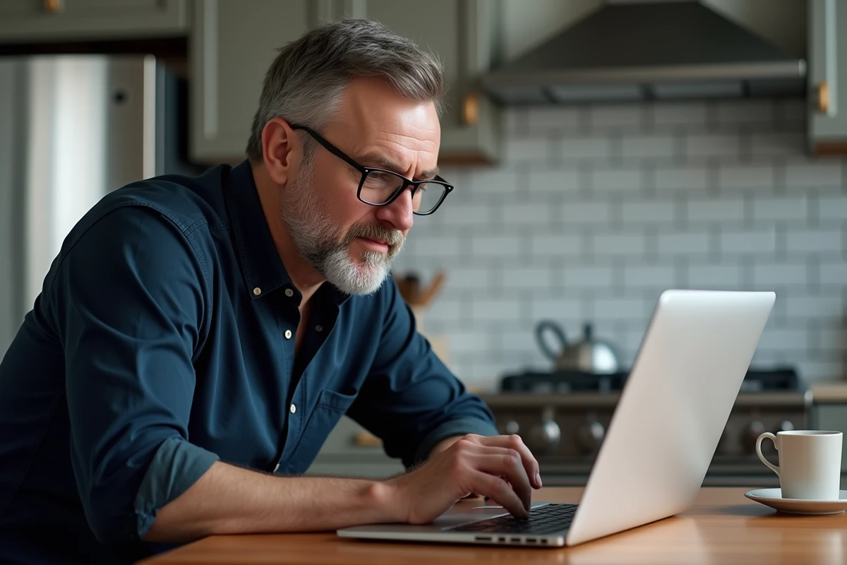 Homme consultant un guide de nettoyage de cache macOS sur MacBook Air dans une cuisine moderne