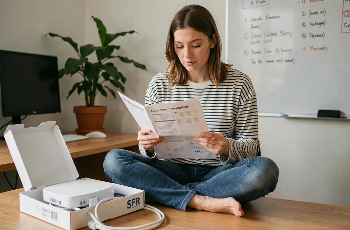 Femme lisant le guide d'installation rapide de la box SFR Fibre dans un bureau à domicile