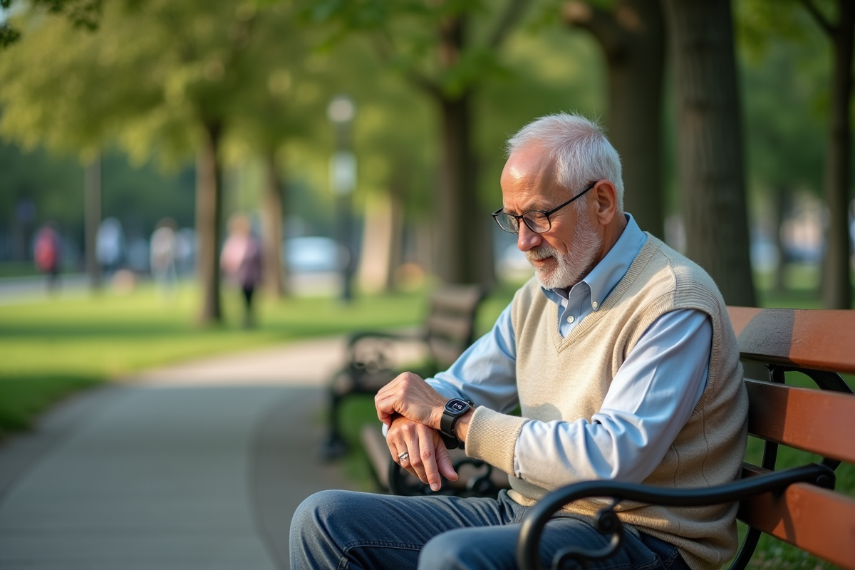Homme age assis sur un banc de parc regardant son bracelet connecte
