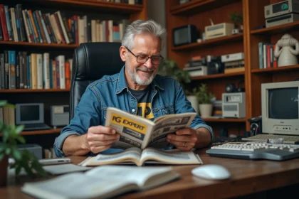 Homme dans un bureau vintage feuilletant une vieille revue informatique