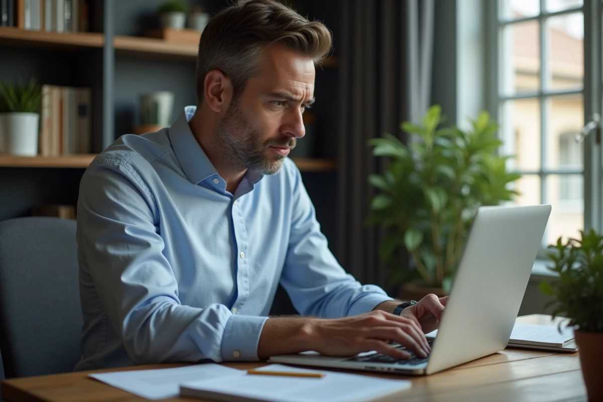 Homme en bureau moderne l'air préoccupé devant son ordinateur