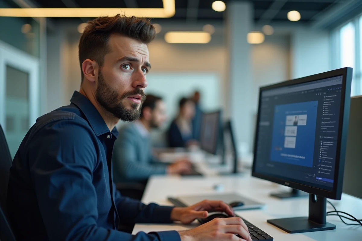 Homme en entreprise naviguant sur une interface de réseau social sur ordinateur, représentant les enjeux juridiques et de confidentialité liés aux outils de visualisation anonyme de stories Instagram