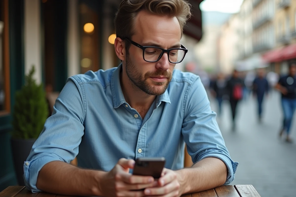 Homme au caf&eacute; en ville utilisant son smartphone