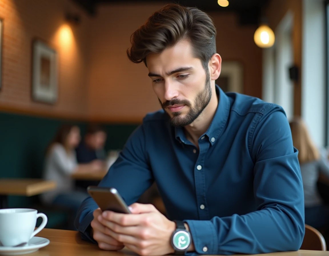 Homme au café regardant son téléphone avec WhatsApp ouvert pour formater du texte en italique