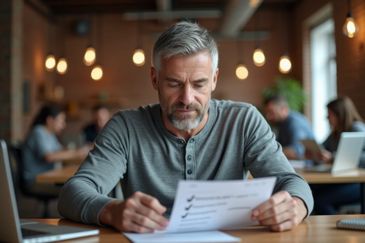 Homme consultant une liste de vérification de sécurité en ligne dans un espace de coworking avec un ordinateur portable