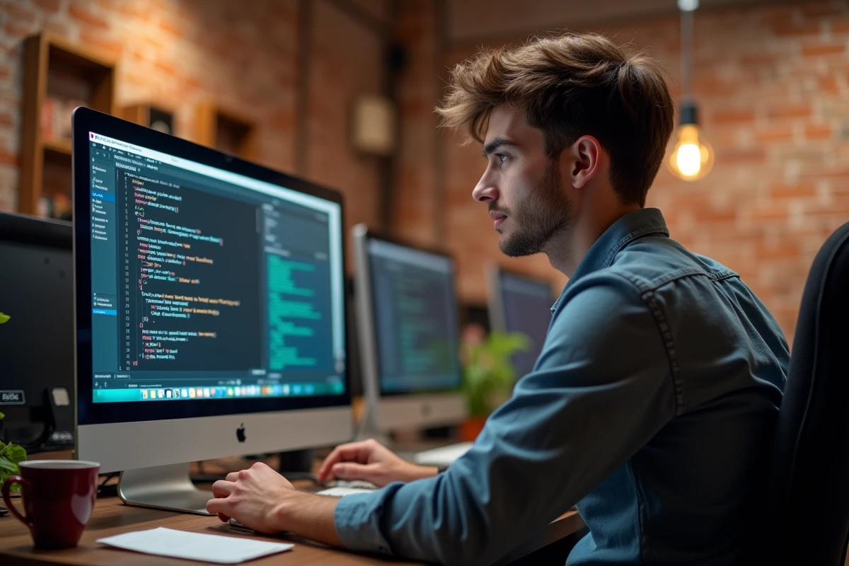 Jeune homme en codage dans un espace de travail convivial