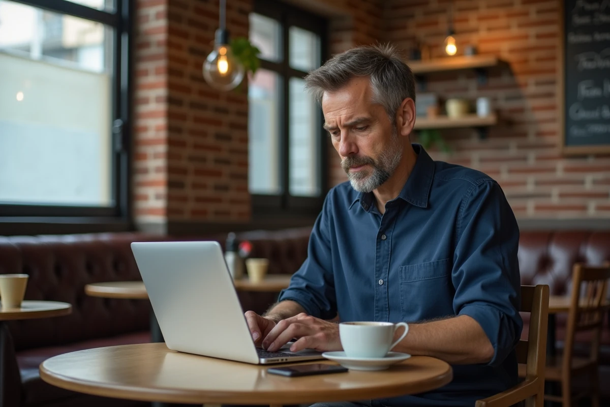 Homme comparant deux interfaces de messagerie électronique sur un ordinateur portable dans un café