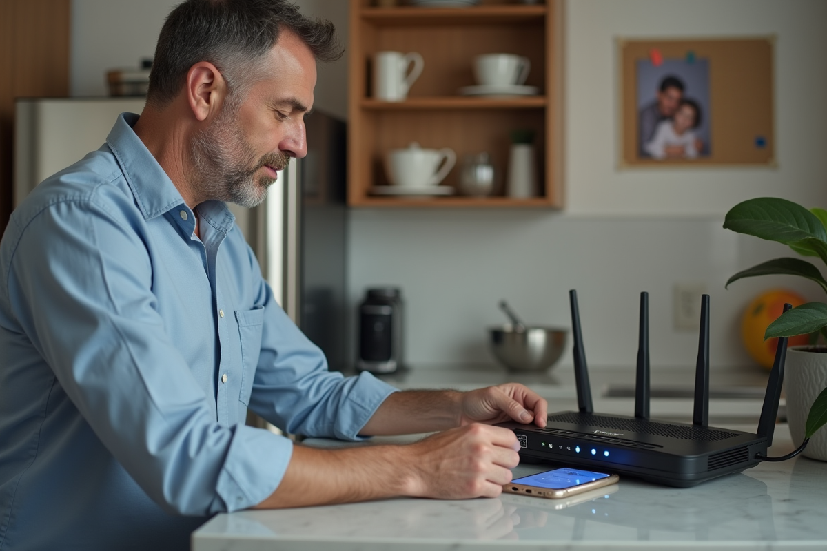 Homme configurant un routeur WiFi dans la cuisine