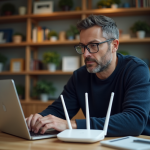 Masquer son réseau wifi : sécurité, conseils et risques à connaître Homme d'âge moyen configure un routeur WiFi dans son bureau
