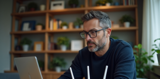 Masquer son réseau wifi : sécurité, conseils et risques à connaître Homme d'âge moyen configure un routeur WiFi dans son bureau