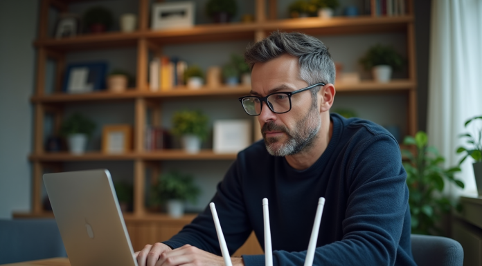 Masquer son réseau wifi : sécurité, conseils et risques à connaître Homme d'âge moyen configure un routeur WiFi dans son bureau