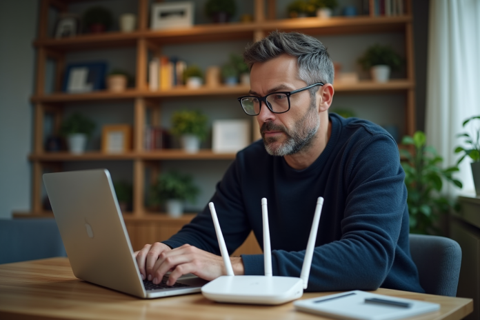 homme-configure-router-bureau Homme d'âge moyen configure un routeur WiFi dans son bureau