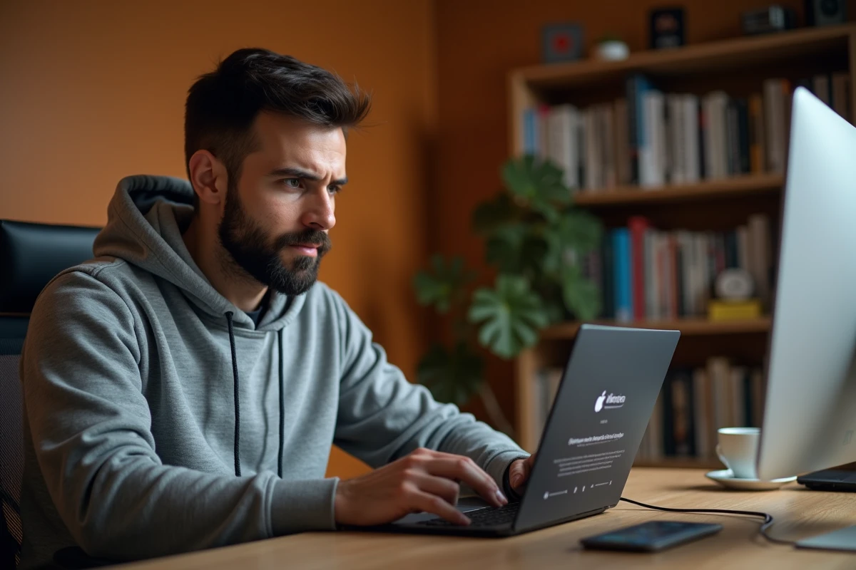 Homme consultant un site de conversion YouTube sur son ordinateur portable avec des avertissements de droits d'auteur visibles à l'écran