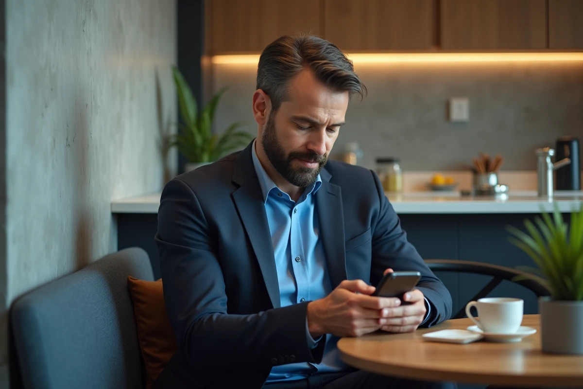 Homme barbu en costume détendu vérifiant son téléphone dans la pause
