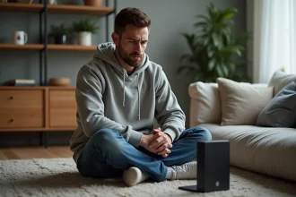Homme inquiet devant un box erreur dans un salon moderne
