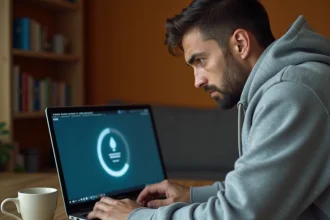 Homme frustré devant un ordinateur portable affichant une erreur de chargement sur un site de streaming comme Moovbob