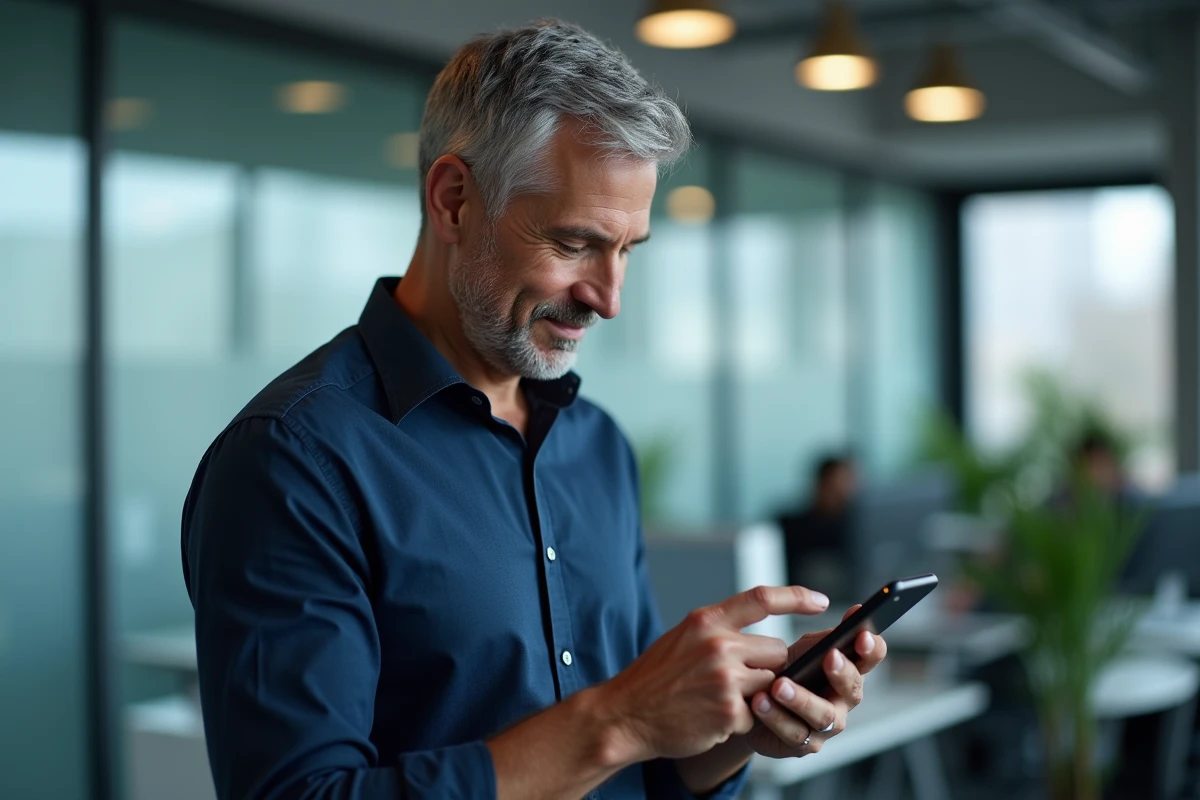 Homme gérant sa ligne mobile depuis son téléphone dans un bureau