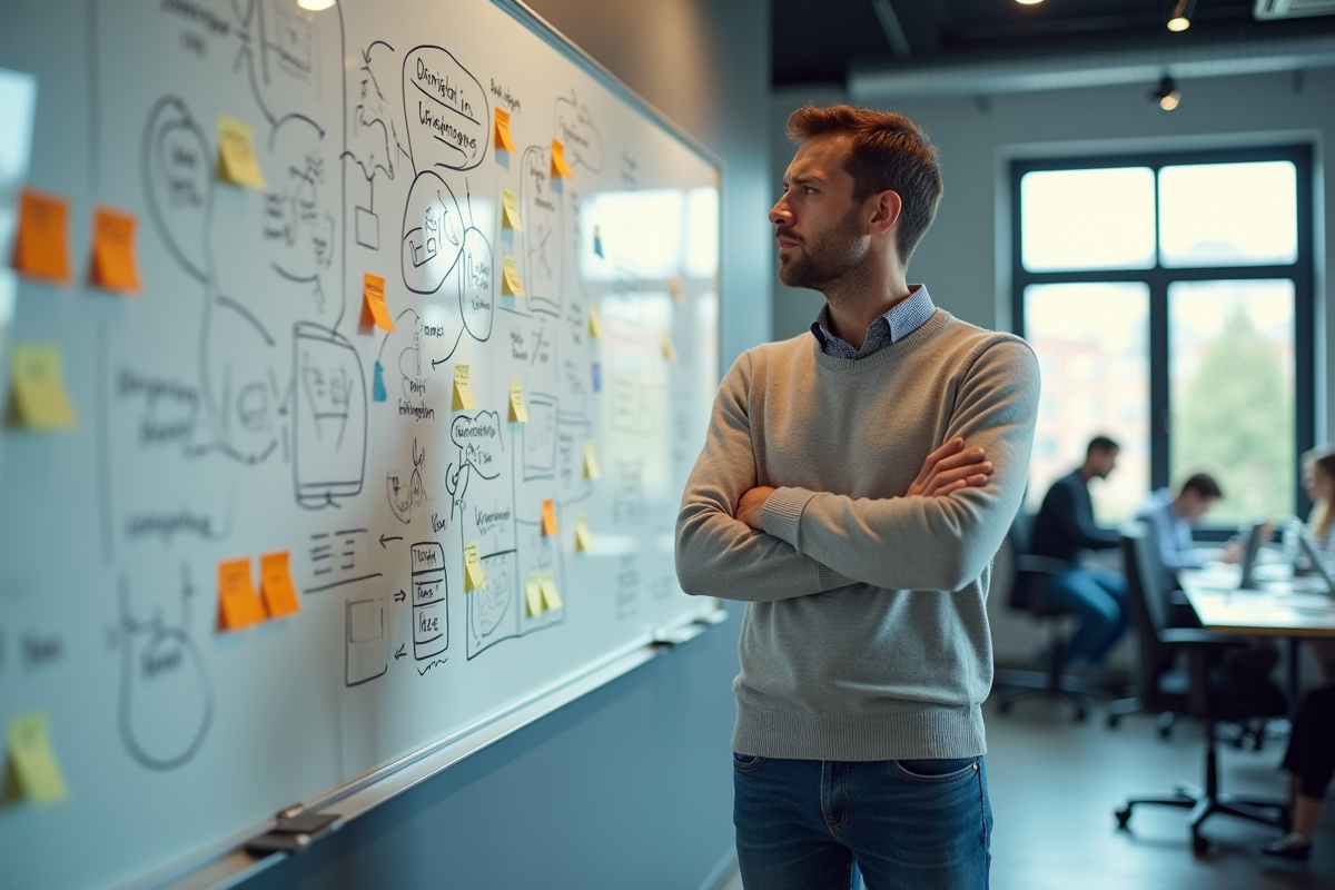 Homme évaluant un tableau blanc avec diagrammes SEO