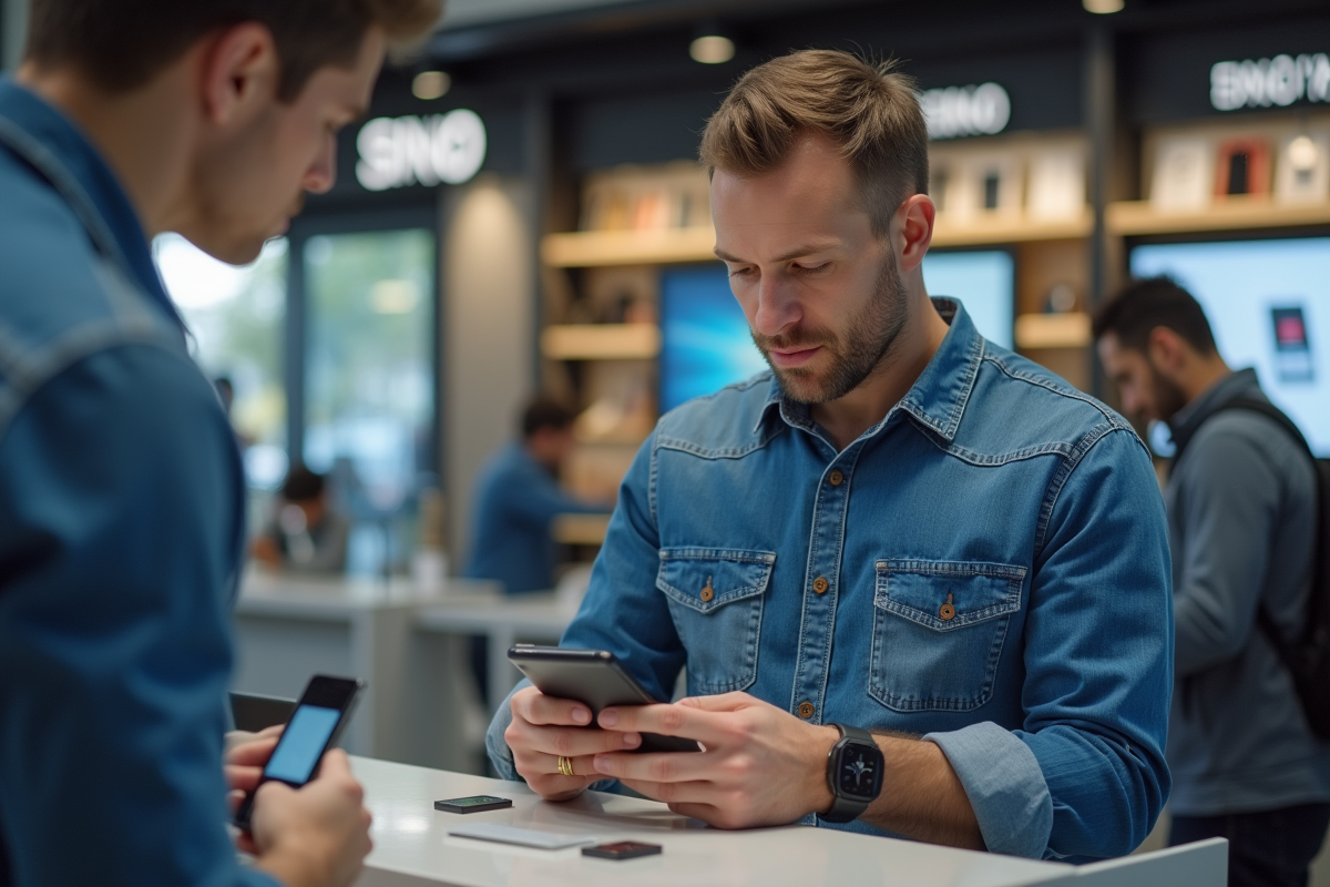 Homme faisant insérer une carte SIM 5G en magasin