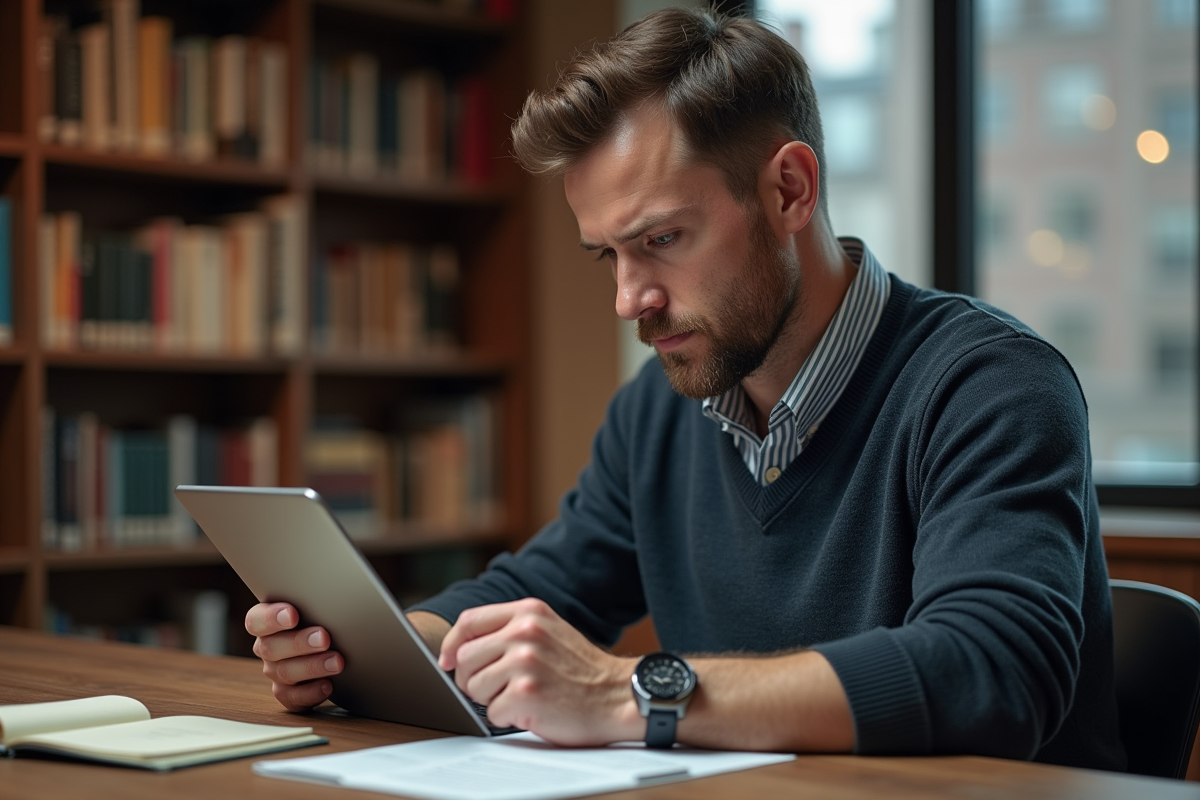 Homme d age moyen utilisant une tablette dans une bibliothèque chaleureuse
