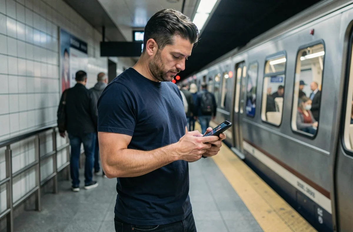 Homme dans le métro téléchargeant de la musique depuis YouTube en MP3 sur son téléphone Android