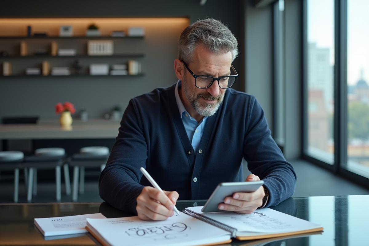 Homme lisant un guide typographique sur une tablette dans un bureau