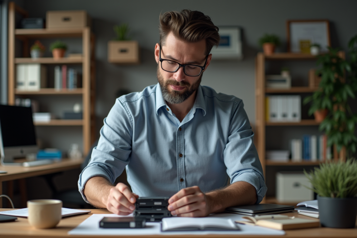 Homme d affaires organisant des disques durs et DVD de sauvegarde