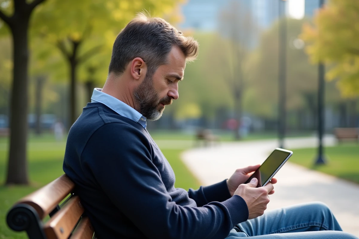 Homme d age moyen utilisant une tablette dans un parc
