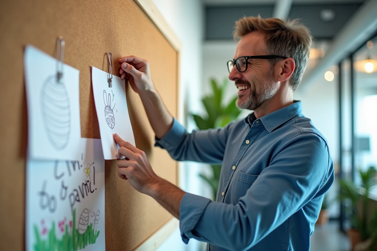 Homme épinglant sculpture de trombone sur un tableau moderne