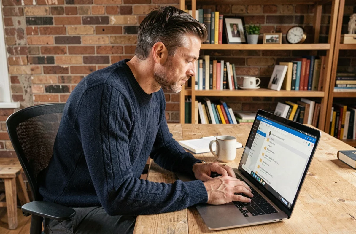 Homme recherchant des emails archivés dans son webmail depuis un ordinateur portable à son bureau à domicile