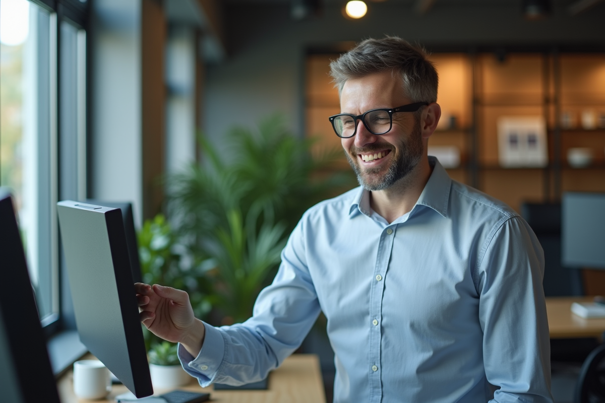 Homme souriant vérifiant ses mots de passe au bureau