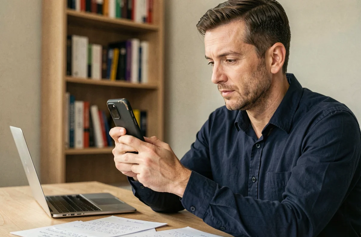 Homme tenant un Samsung Galaxy A51 et analysant sa valeur de revente sur un bureau en bois