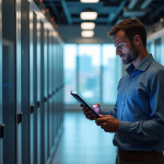 Homme d affaires étudiant un plan digital dans une salle serveurs high-tech