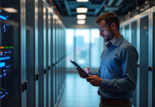 Réseau edge : fonctionnement, avantages et utilisations Homme d affaires étudiant un plan digital dans une salle serveurs high-tech