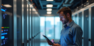 Réseau edge : fonctionnement, avantages et utilisations Homme d affaires étudiant un plan digital dans une salle serveurs high-tech