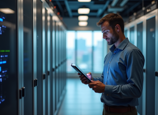 Homme d affaires étudiant un plan digital dans une salle serveurs high-tech
