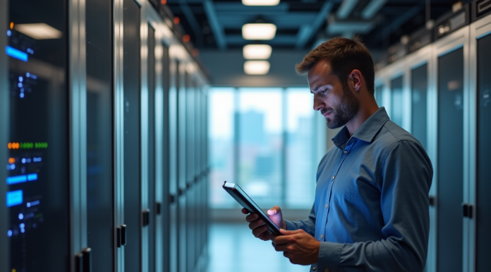 Homme d affaires étudiant un plan digital dans une salle serveurs high-tech