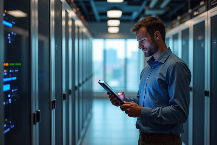 Homme d affaires étudiant un plan digital dans une salle serveurs high-tech