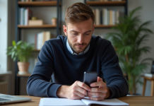 Homme en bureau regardant son smartphone avec code de vérification